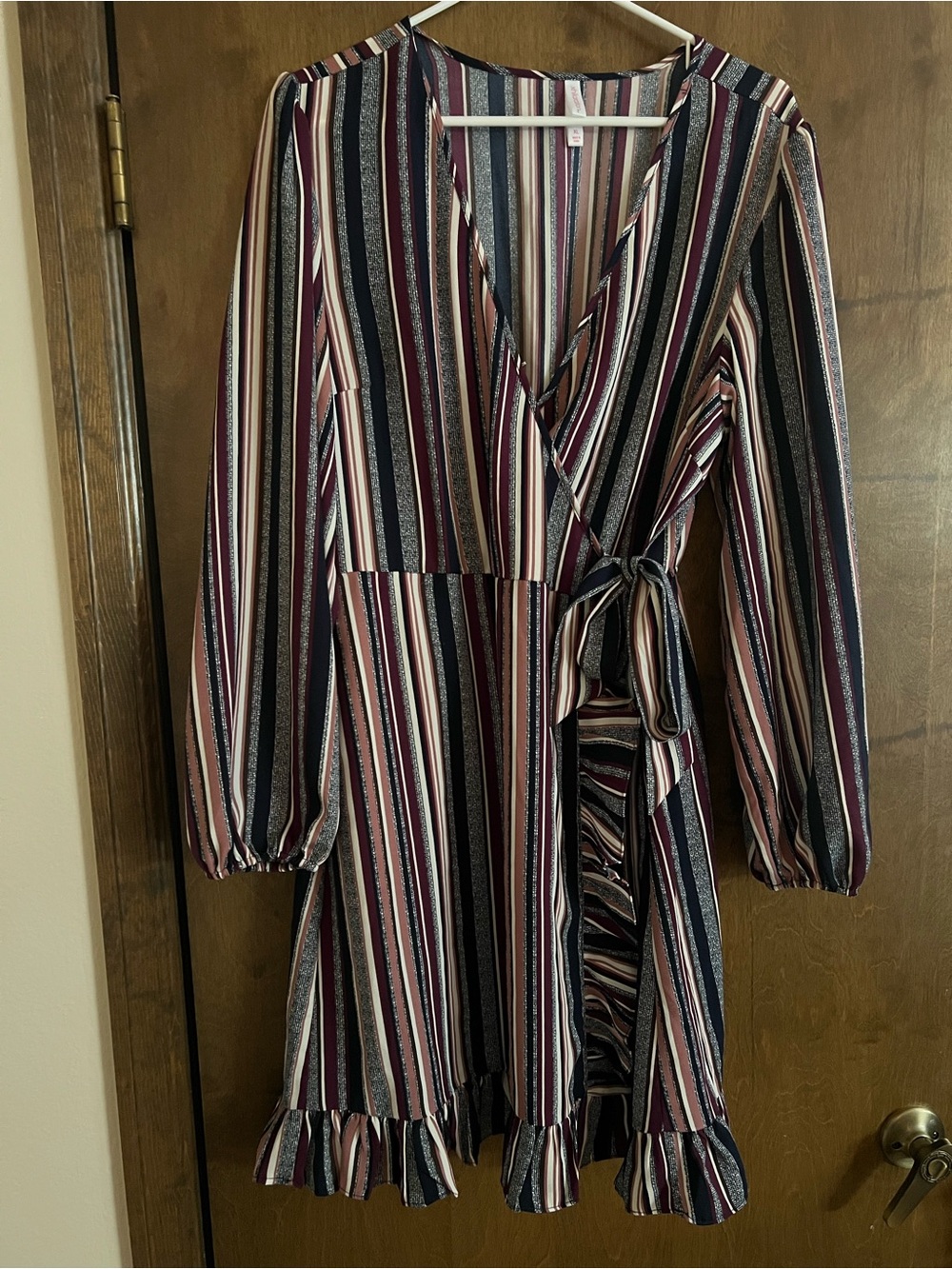 Xhilaration Navy, Burgundy & Cream Striped Wrap Dress